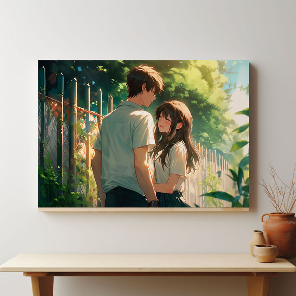 Garden Whispers: Boy and Girl in a Serene Landscape Painting