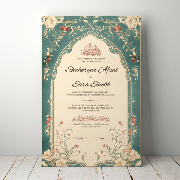 Customised Premium Nikah Nama | Personalised Luxury Nikah Certificate with Pen | Islamic Marriage Certificate (Green)