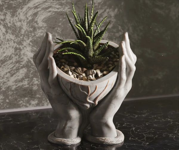 Elegant Hands Holding Planter – Artistic Marble-Style Decorative Vase for Plants, Home & Office Decor | Framora