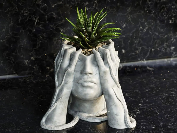 “Head in Hands” Sculptural Face Planter Vase | Artistic Modern Plant Pot for Indoor Decor | Framora Exclusive