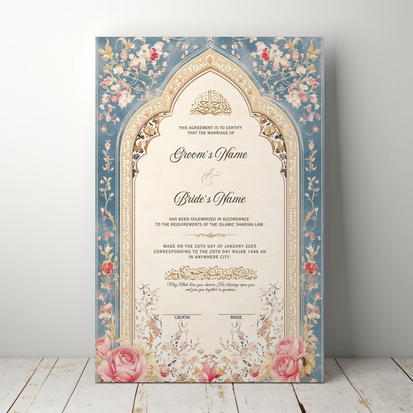 Customised Premium Nikah Nama | Personalised Luxury Nikah Certificate with Pen | Islamic Marriage Certificate (Rustic Blue)