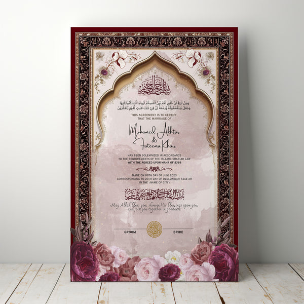 Customised Premium Nikah Nama | Personalised Luxury Nikah Certificate with Pen | Islamic Marriage Certificate (Maroon)