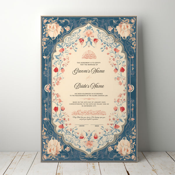 Customised Premium Nikah Nama | Personalised Luxury Nikah Certificate with Pen | Islamic Marriage Certificate (Pale Blue)